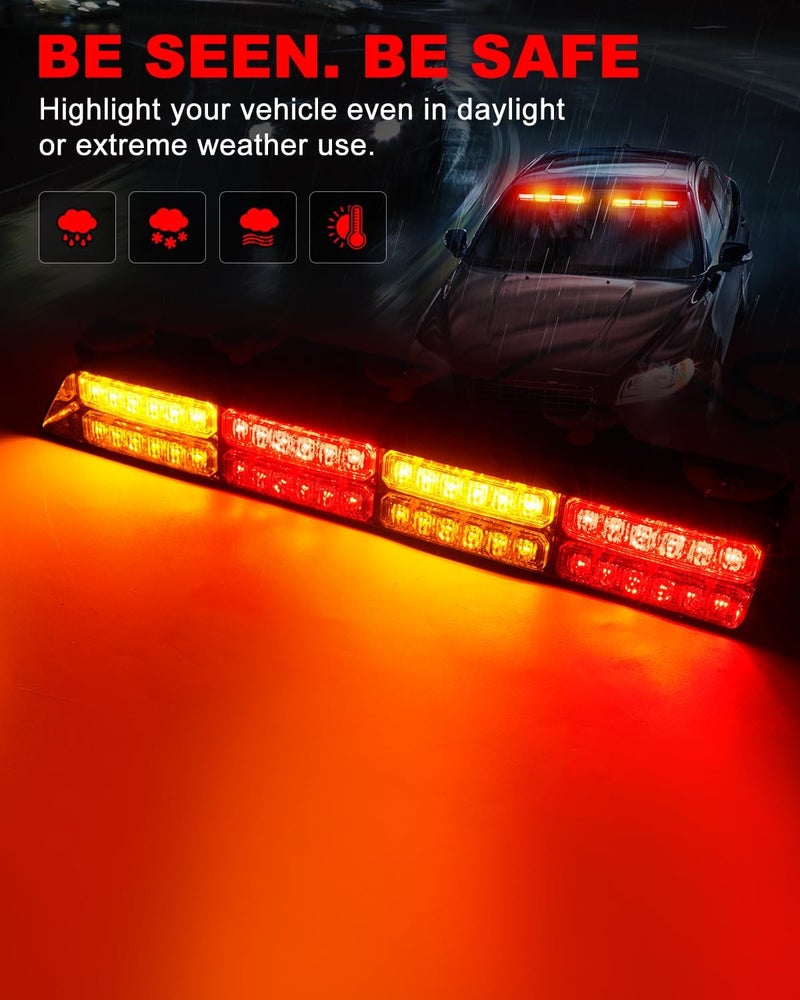 HLauto 6Z4J Emergency Dash Strobe Lights: 2x16.8 inch Red Amber Safety Lights, 48 LED Flashing Warning Hazard Interior Windshield Visor Traffic Light Bar for Trucks, Construction Vehicles - Image 3
